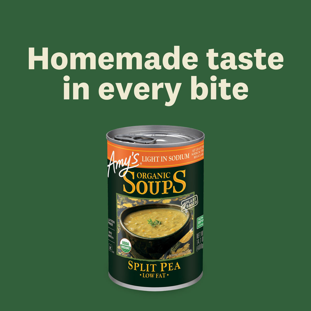 Amy's Organic Split Pea Soup can—organic veggies in a quick lunch.