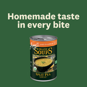 Amy's Organic Split Pea Soup can—organic veggies in a quick lunch.
