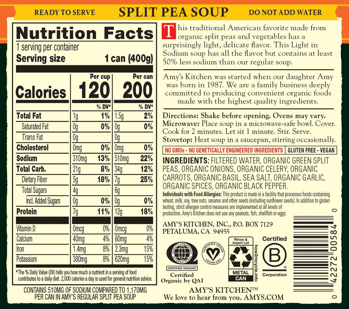 Amy's Organic Split Pea Soup can—non-GMO USDA organic certified.