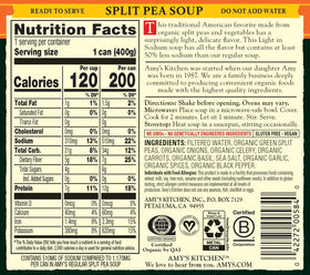 Amy's Organic Split Pea Soup can—non-GMO USDA organic certified.