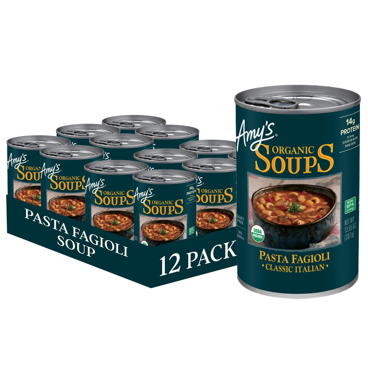 Amy's Pasta Fagioli Soup can front highlights dairy-free, convenient meal option.