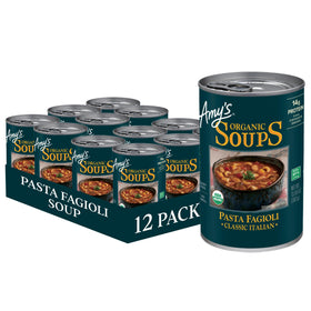 Amy's Pasta Fagioli Soup can front highlights dairy-free, convenient meal option.
