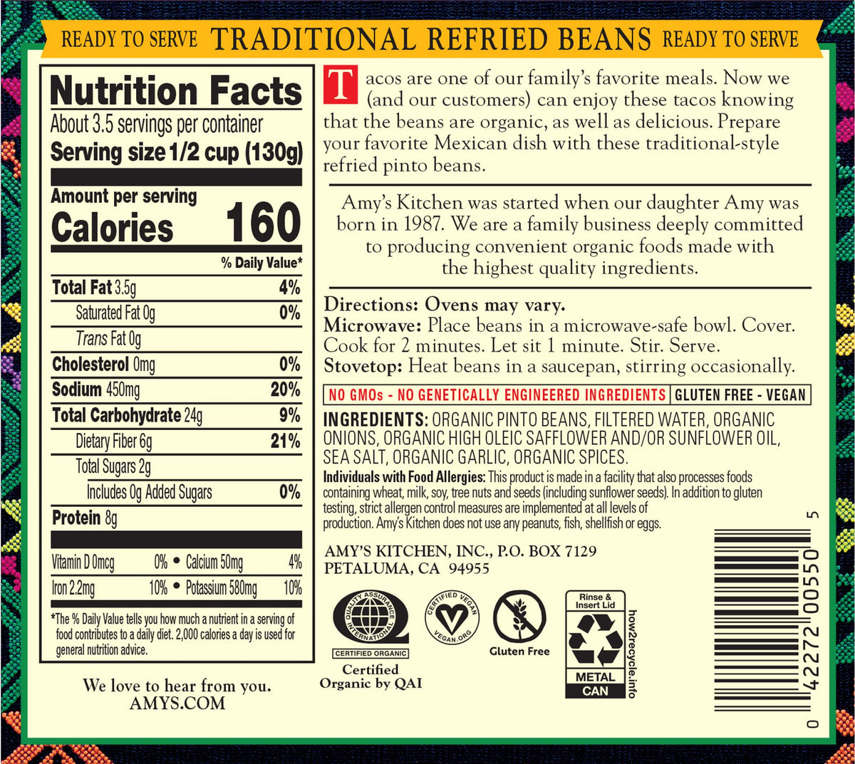 Amy's refried beans gluten-free, reliable base for tacos.