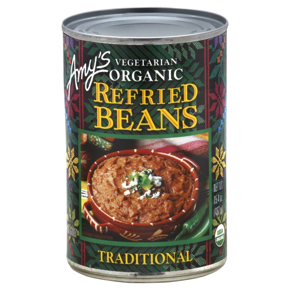 Amy's Refried Beans in a can, organic pinto beans, ideal for vegan meals.