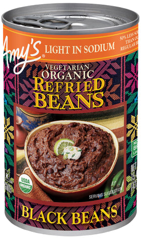 Amy's Refried Black Beans pack front shows twelve organic, gluten-free cans for quick meals.