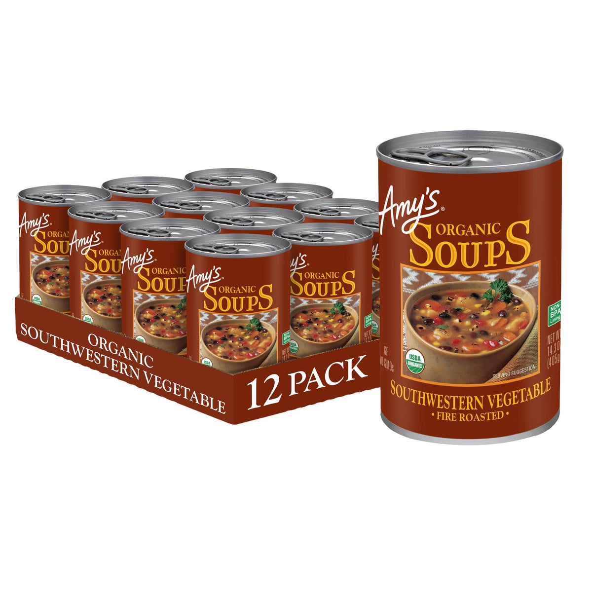 Amy's Fire Roasted Southwestern Vegetable Soup can label highlighting organic ingredients for a clean, plant-based meal.