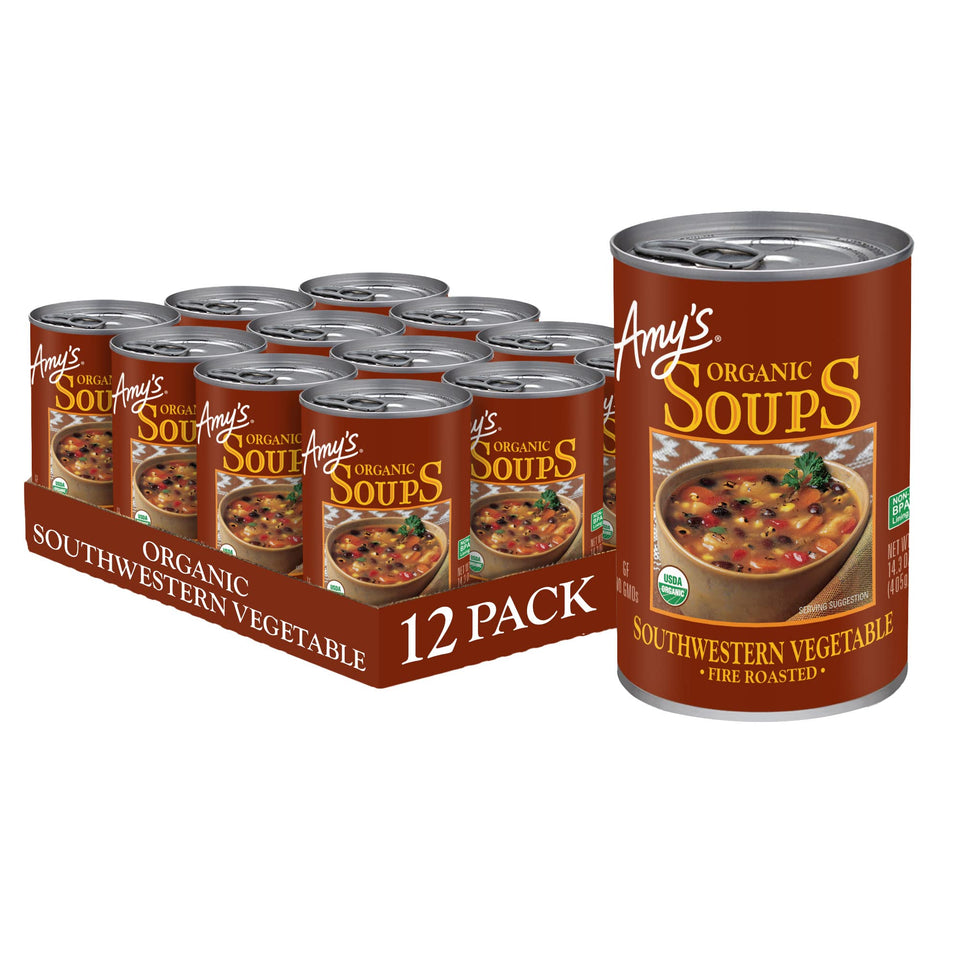 Amy's Fire Roasted Southwestern Vegetable Soup can label highlighting organic ingredients for a clean, plant-based meal.