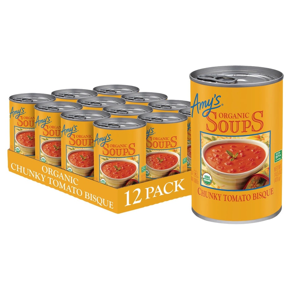 Amy's Chunky Tomato Bisque can front view, gluten-free convenience
