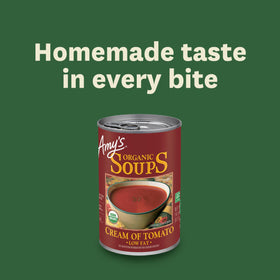 Amy's Cream of Tomato Soup label highlights gluten-free and dairy-free attributes.