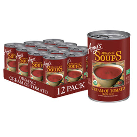 Amy's Cream of Tomato Soup 12-pack cans for quick, comforting meals.