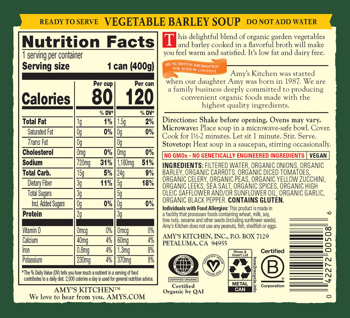 Amy's Soup in a kitchen setting offers a low-fat, dairy-free dinner option.