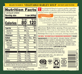 Amy's Soup in a kitchen setting offers a low-fat, dairy-free dinner option.