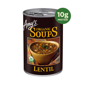 Amy's Soup lentil can delivering protein-rich warmth in minutes