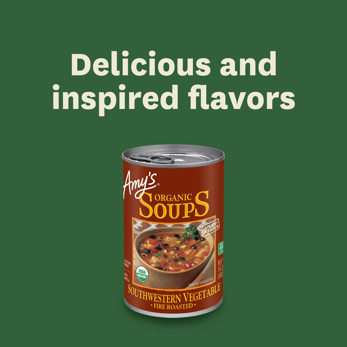 Amy's Soup 12-pack display emphasizing value and convenient storage for families.