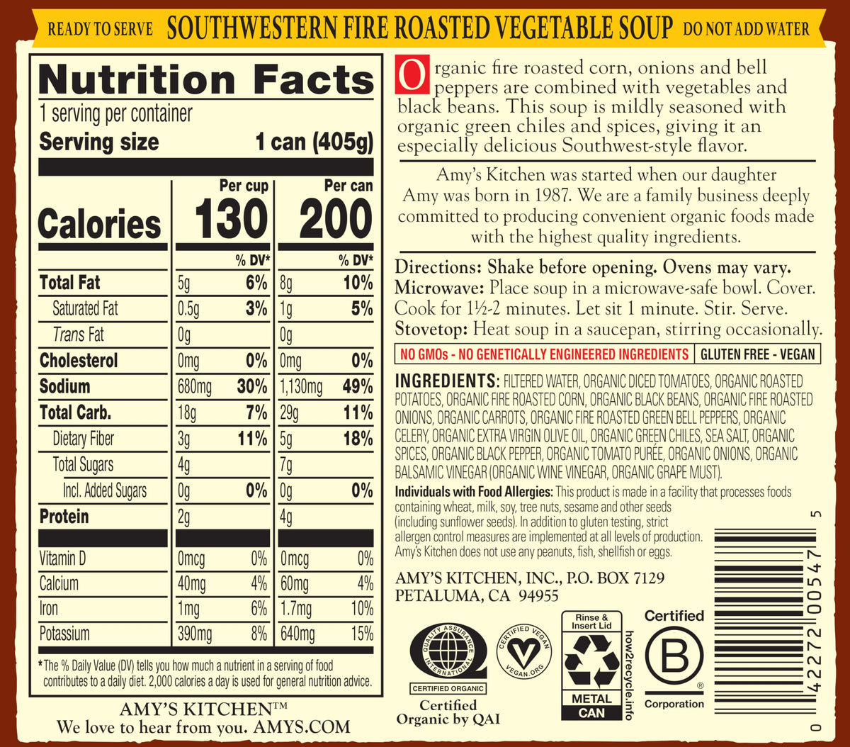 Amy's Gluten Free tag confirms a suitable option for gluten-sensitive diets.