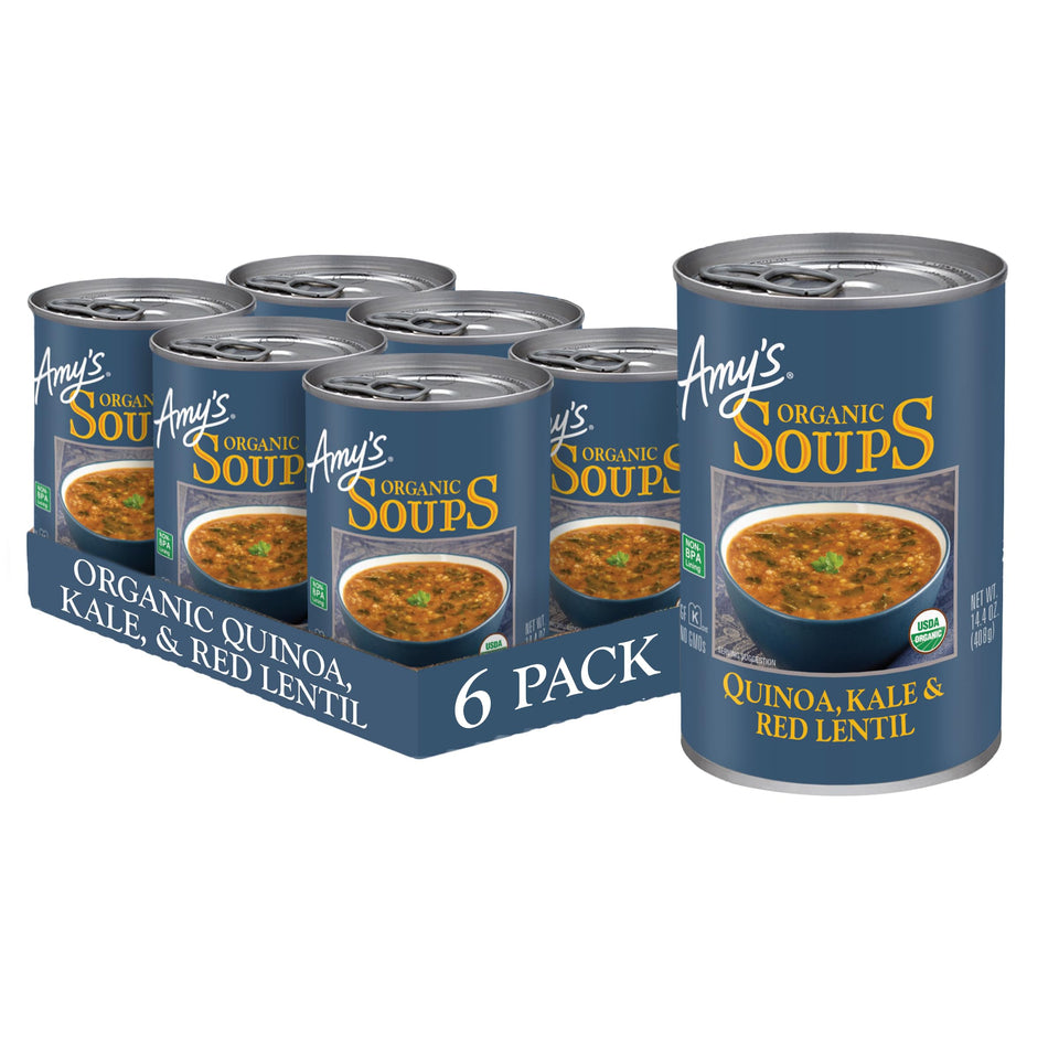 Amy's Soup six-pack front view, a convenient ready-to-heat option.