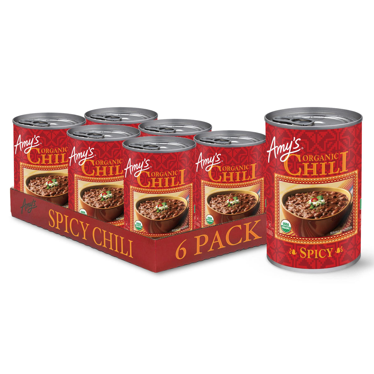 Amy's Spicy Chili six-pack front view, ideal for quick family dinners