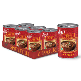 Amy's Spicy Chili six-pack front view, ideal for quick family dinners