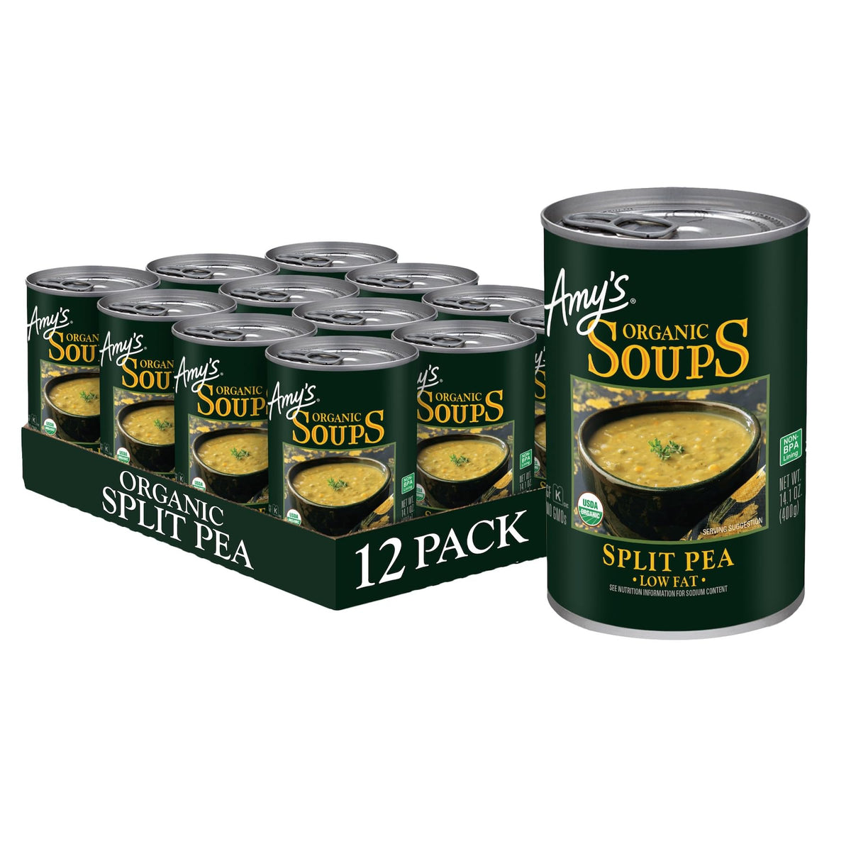 Amy's split pea soup 12-pack can on shelf; vegan and gluten-free.