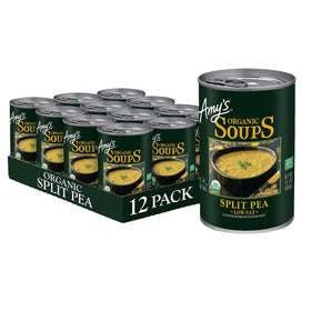 Amy's split pea soup 12-pack can on shelf; vegan and gluten-free.