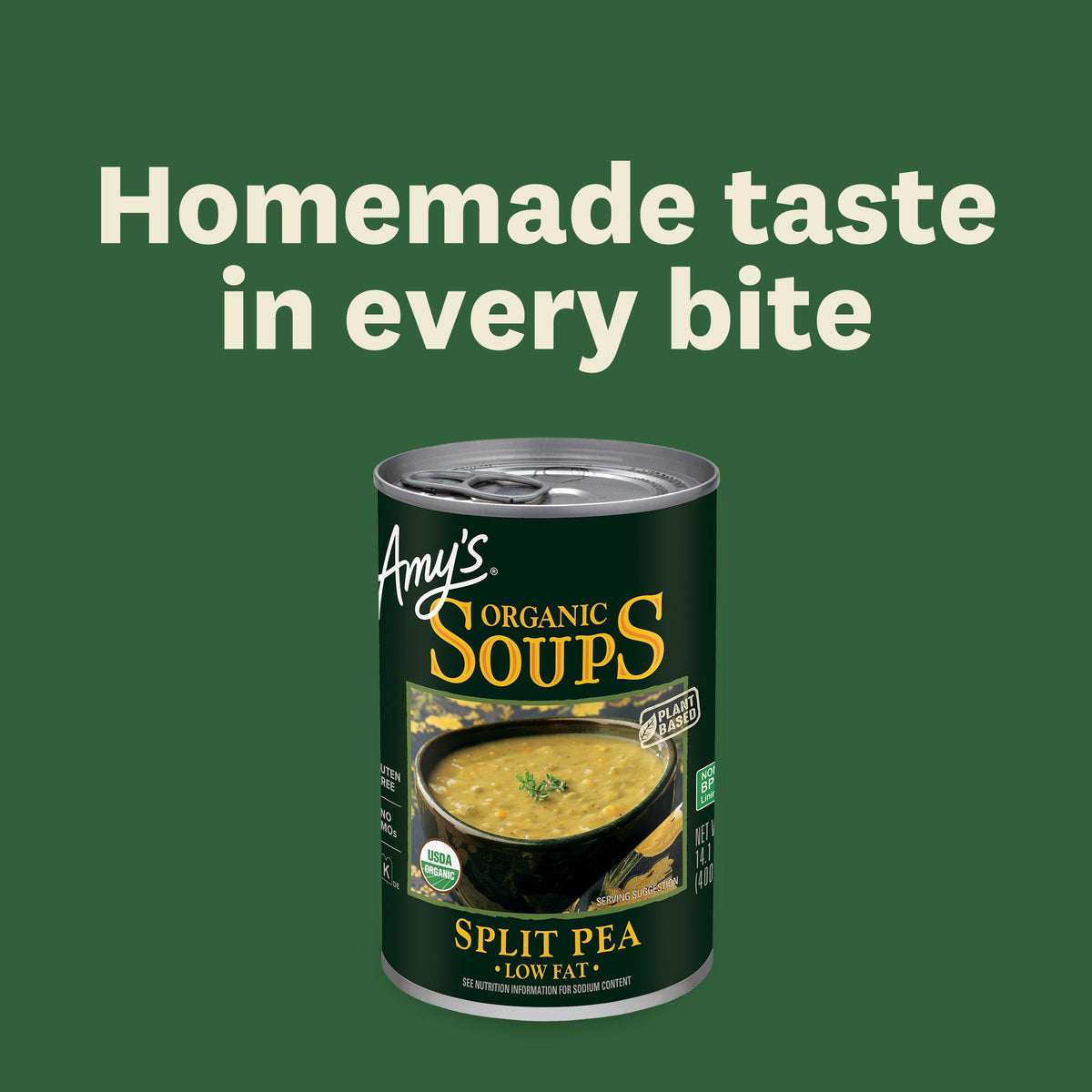 Amy's split pea soup can being opened and poured.