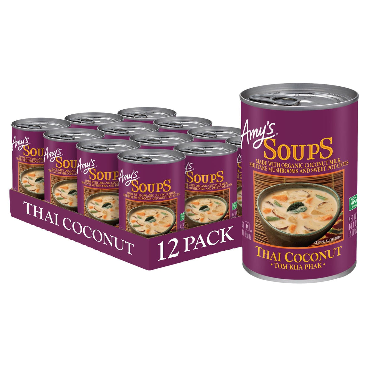 Amy's Thai Coconut Soup can pack offers a quick, flavorful vegan meal starter.