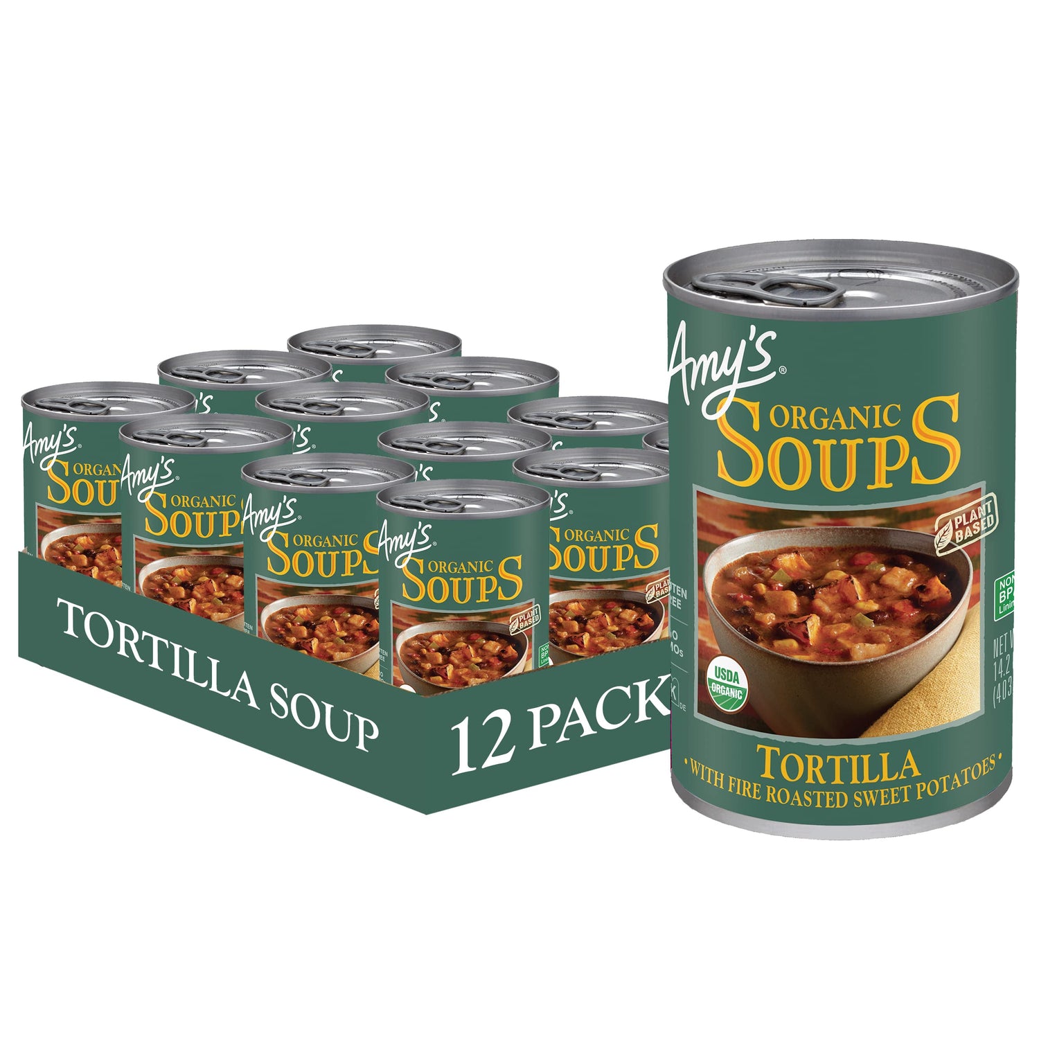 Amy's Tortilla Soup can with vibrant vegetables, ready for a quick vegan dinner.