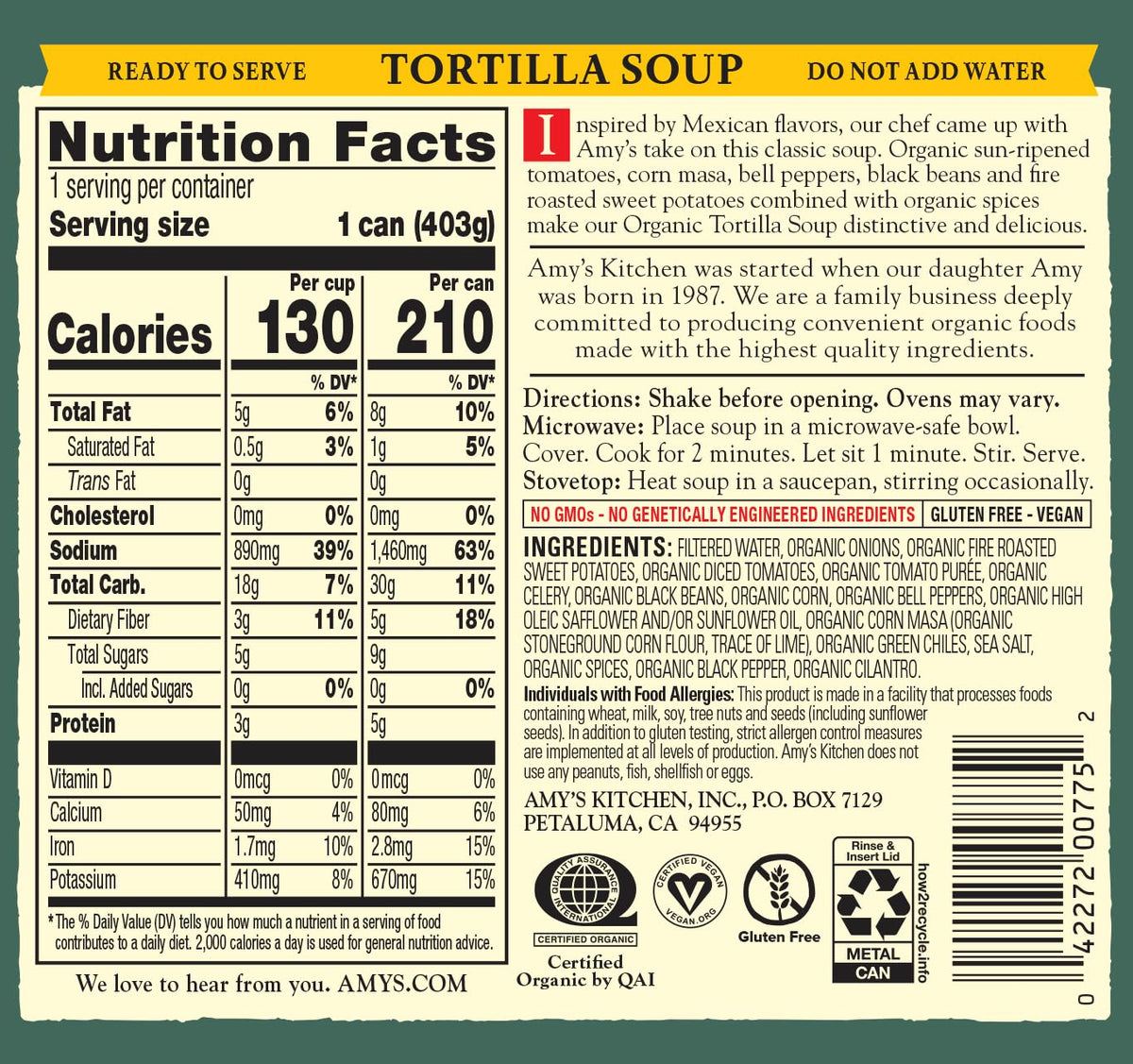 Close-up of organic ingredients inside Amy's tortilla soup.