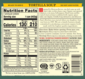 Close-up of organic ingredients inside Amy's tortilla soup.