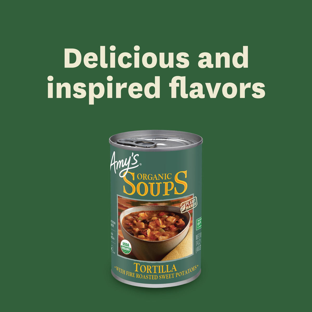 Microwave-ready Amy's Tortilla Soup in a bowl for a fast meal.