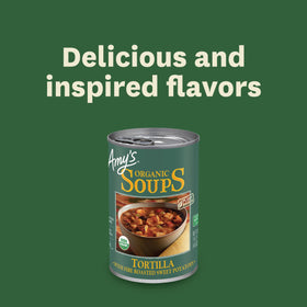 Microwave-ready Amy's Tortilla Soup in a bowl for a fast meal.