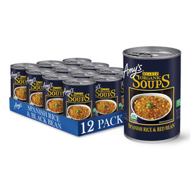 Amy's Vegan Hearty Spanish Rice and Red Bean Soup can, ready for quick meals.