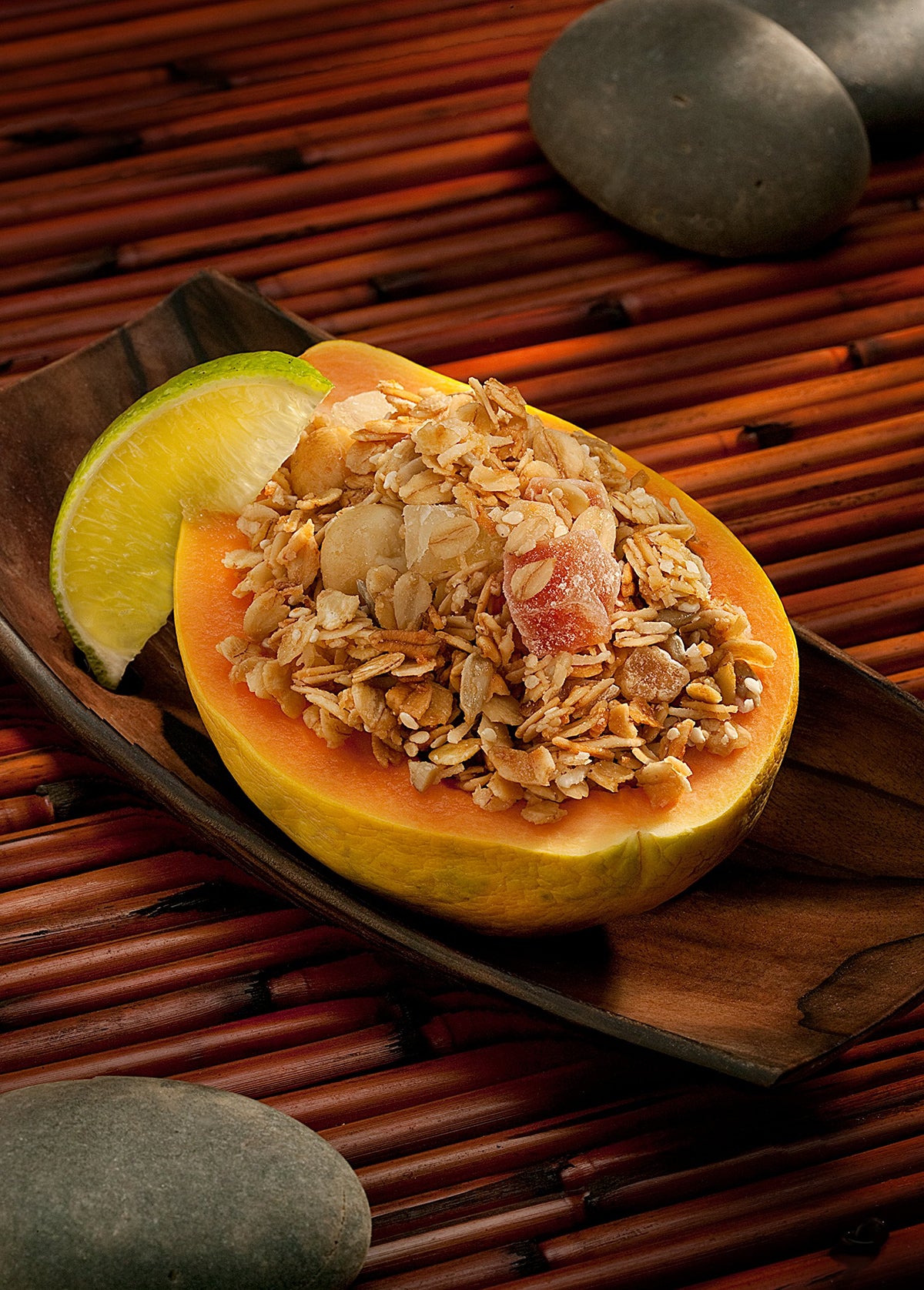 Anahola Granola Tropical close-up on dried papaya and pineapple accents.
