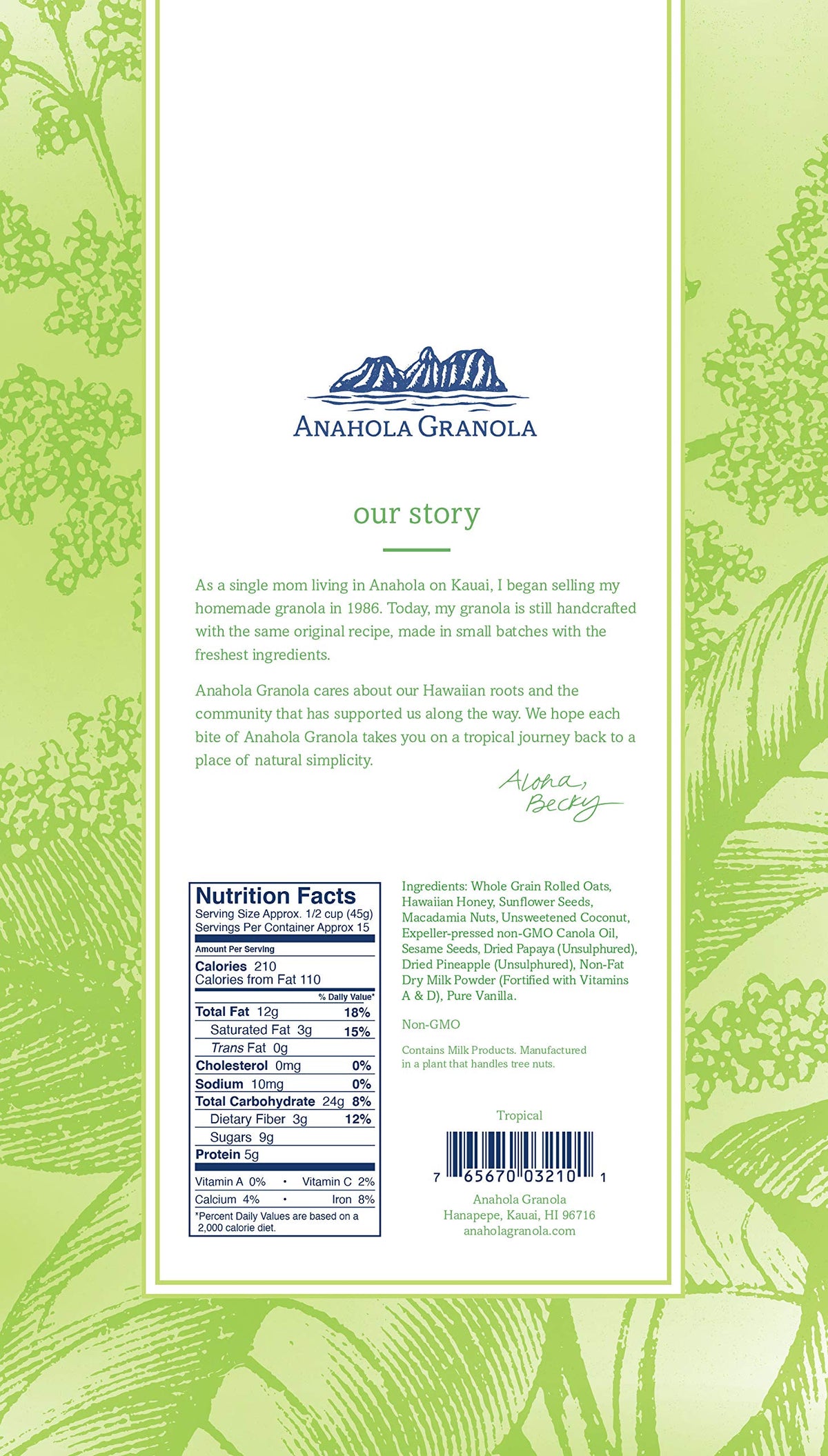 Anahola Granola Tropical package highlighting no added sugar promise.