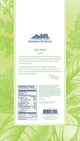 Anahola Granola Tropical package highlighting no added sugar promise.