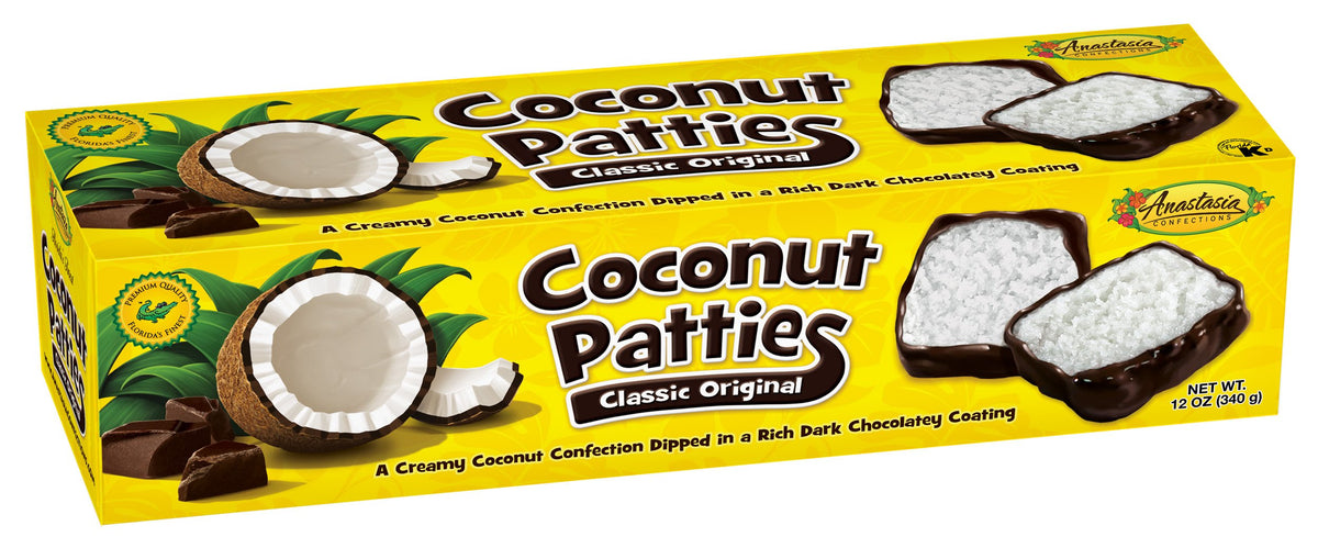 Anna's Coconut Patties by Anastasia Confections, original flavor, 12 oz box with nine individually wrapped pieces