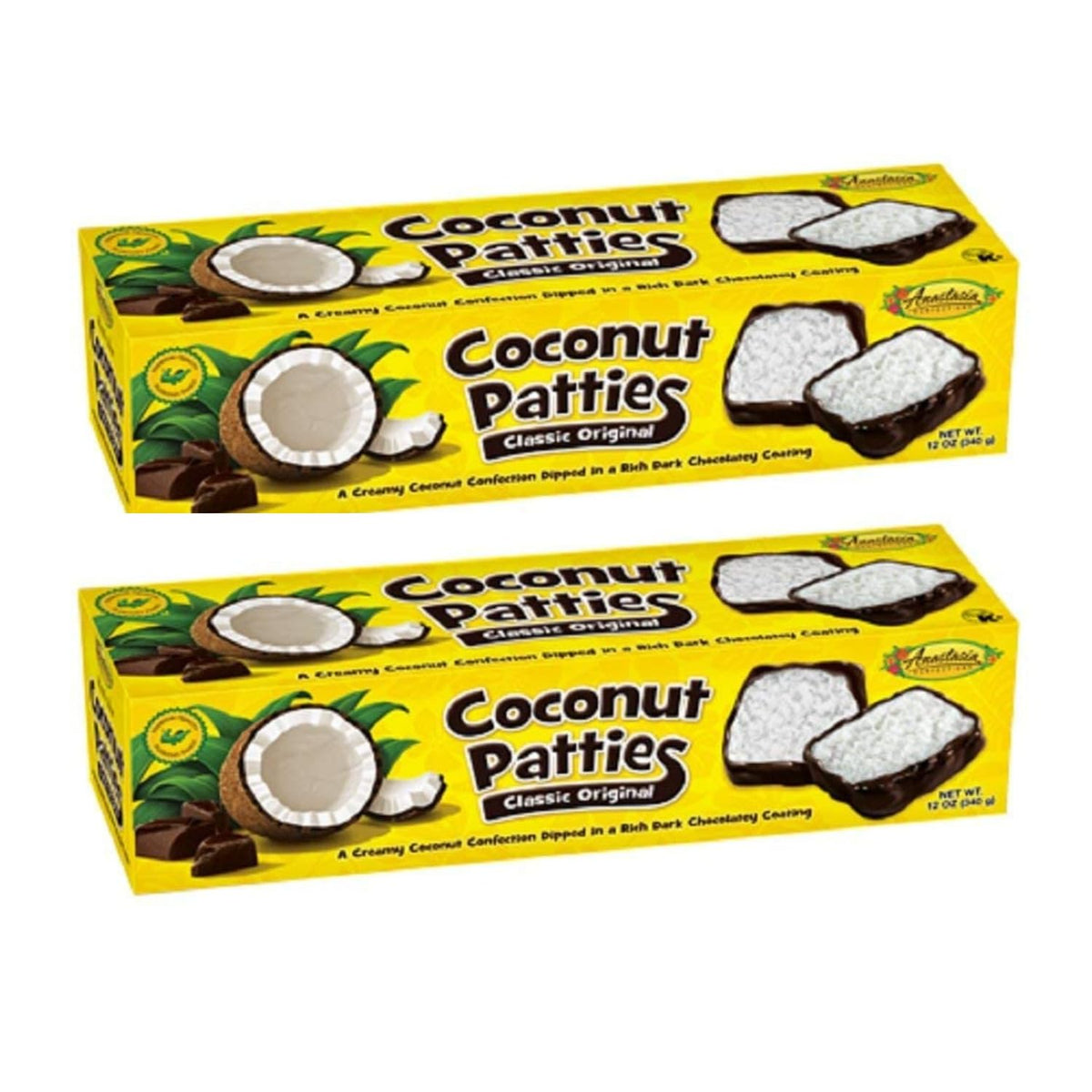 Anastasia Confections Coconut Patties Original front view; rich coconut flavor for convenient snacking