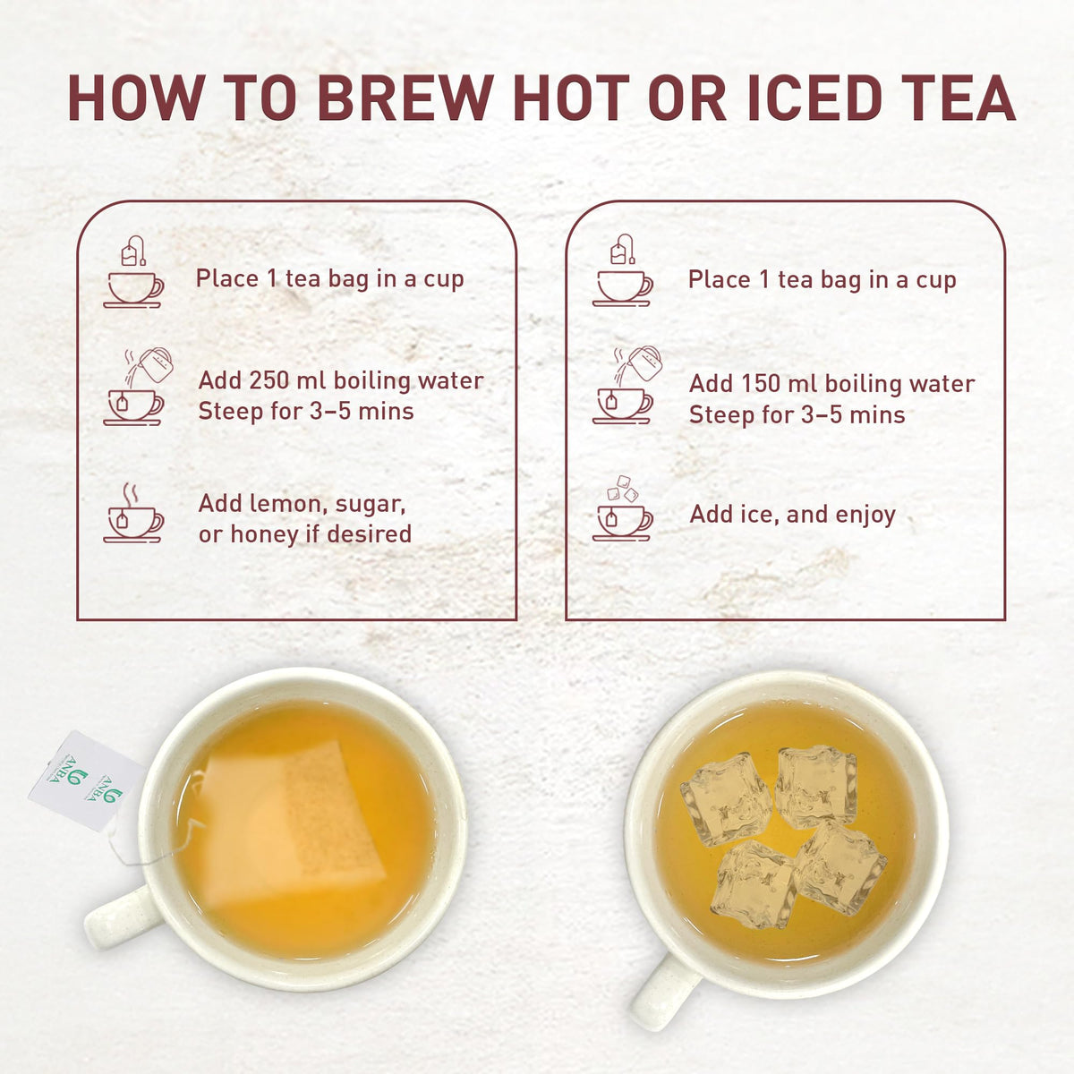 Hot cup of ANBA tea, brewed for a mild, soothing sip.