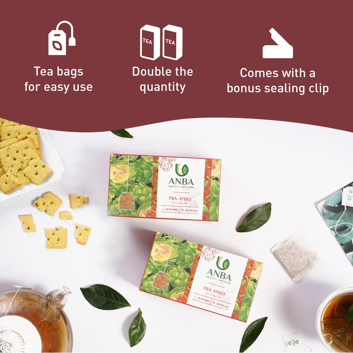 Close-up of ANBA artichoke tea bags showing premium artichokes and flavor-ready aroma.