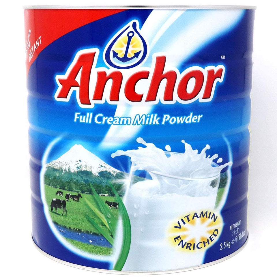 Anchor Full Cream Milk Powder packaging highlights rich creaminess and versatile kitchen uses.