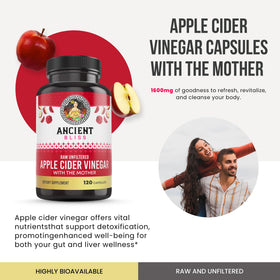 Ancient Bliss ACV capsules closeup highlighting The Mother blend.