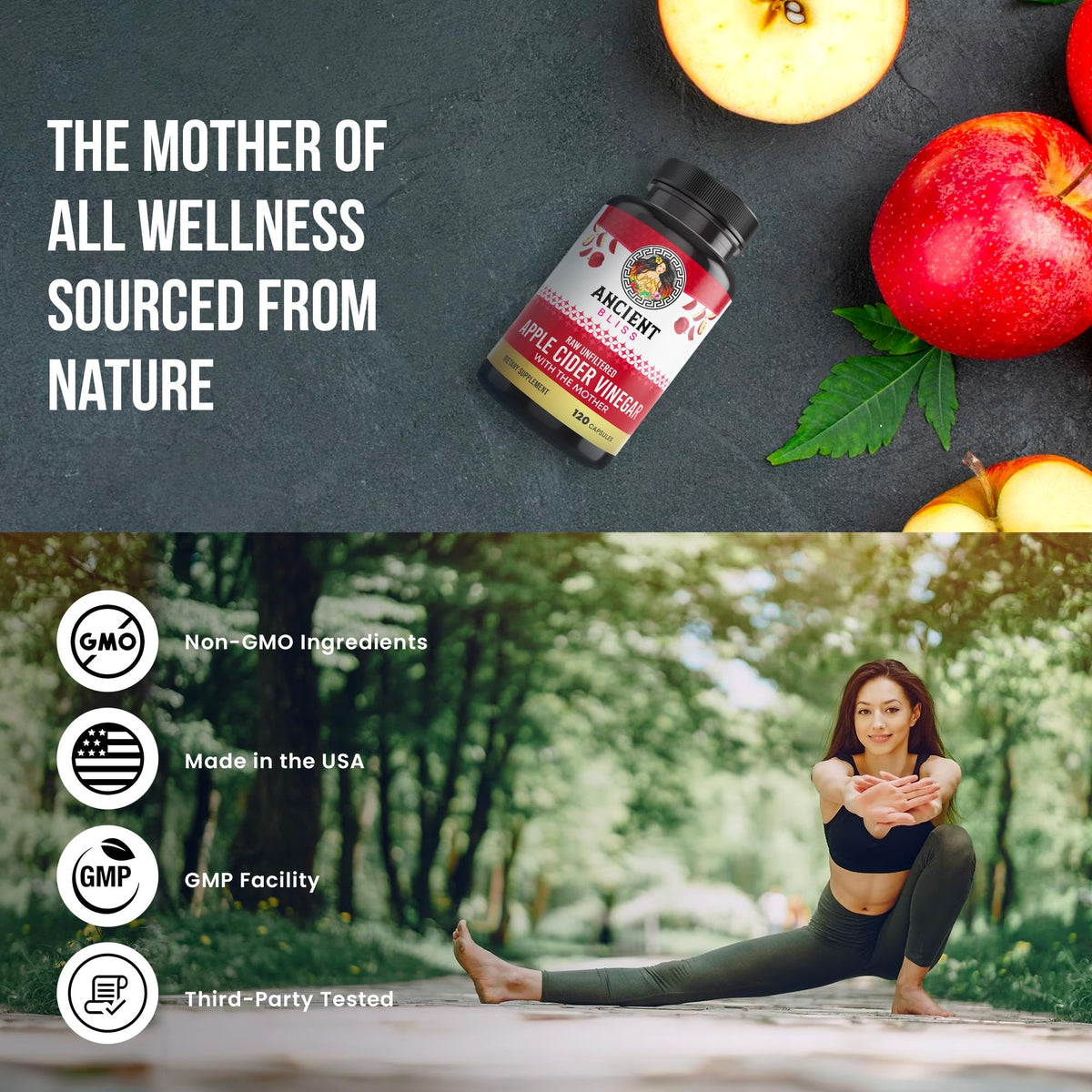 Ancient Bliss ingredient label shot showing organic, unfiltered formula and potency.