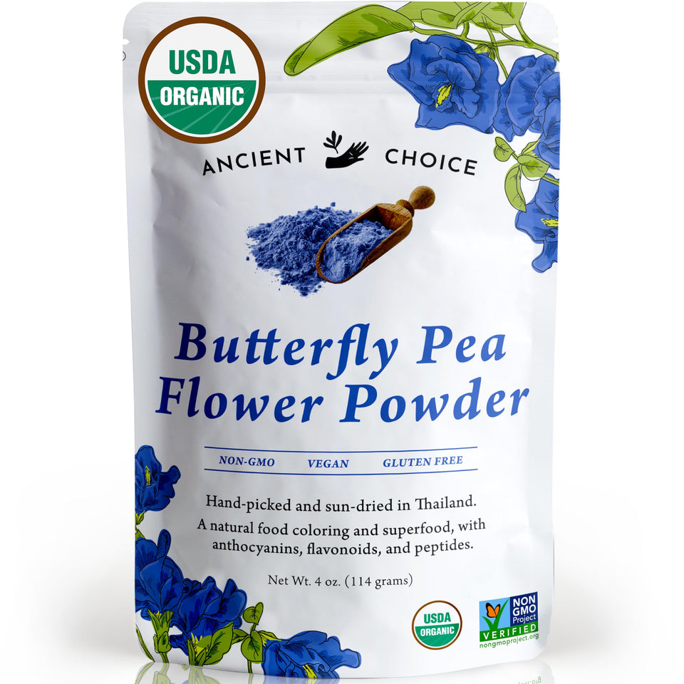 Ancient Choice butterfly pea flower powder bottle for vibrant blue color