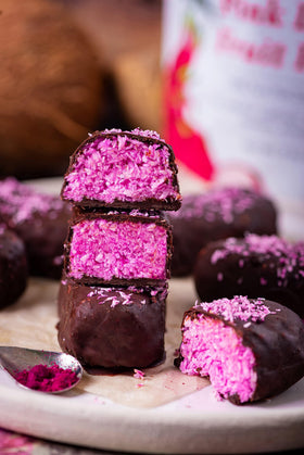 Ancient Choice Dragon Fruit Powder blends into dairy milk for natural color.