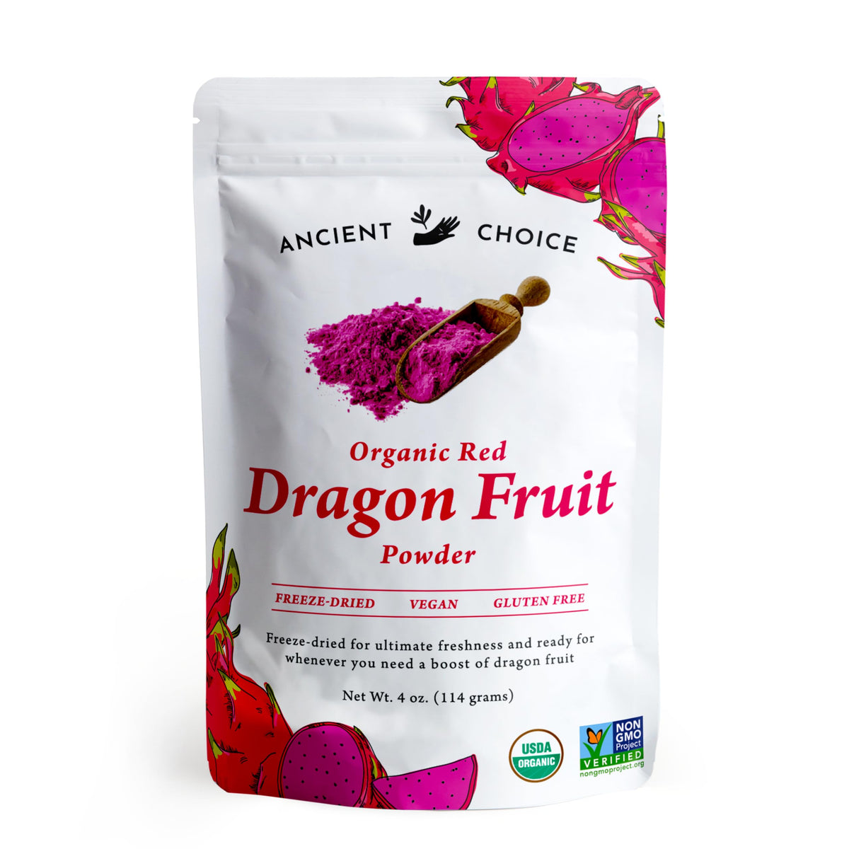 Ancient Choice Red Dragon Fruit Powder bottle shows vibrant pink color for smoothies.