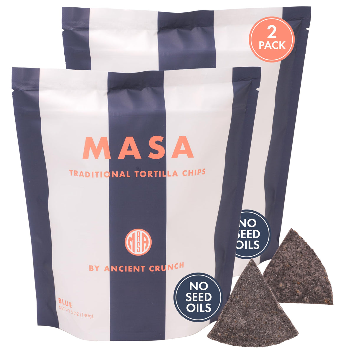 Ancient Crunch MASA Blue Corn Chips 2-pack ready for bold, gluten-free snacking.