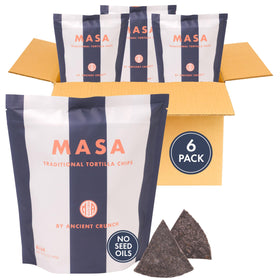 Ancient Crunch MASA Blue Corn Chips with beef tallow pack, crisp and ready for sharing.