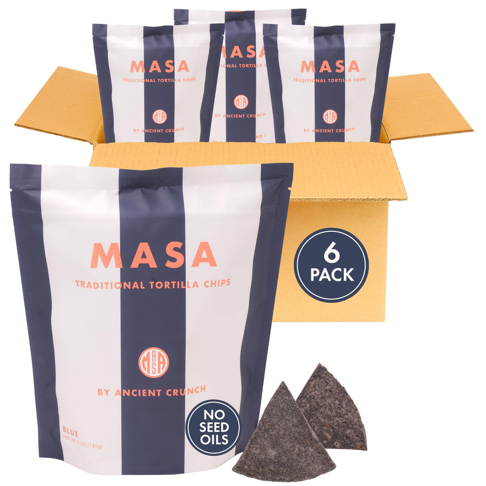 Ancient Crunch MASA Blue Corn Chips with beef tallow pack, crisp and ready for sharing.