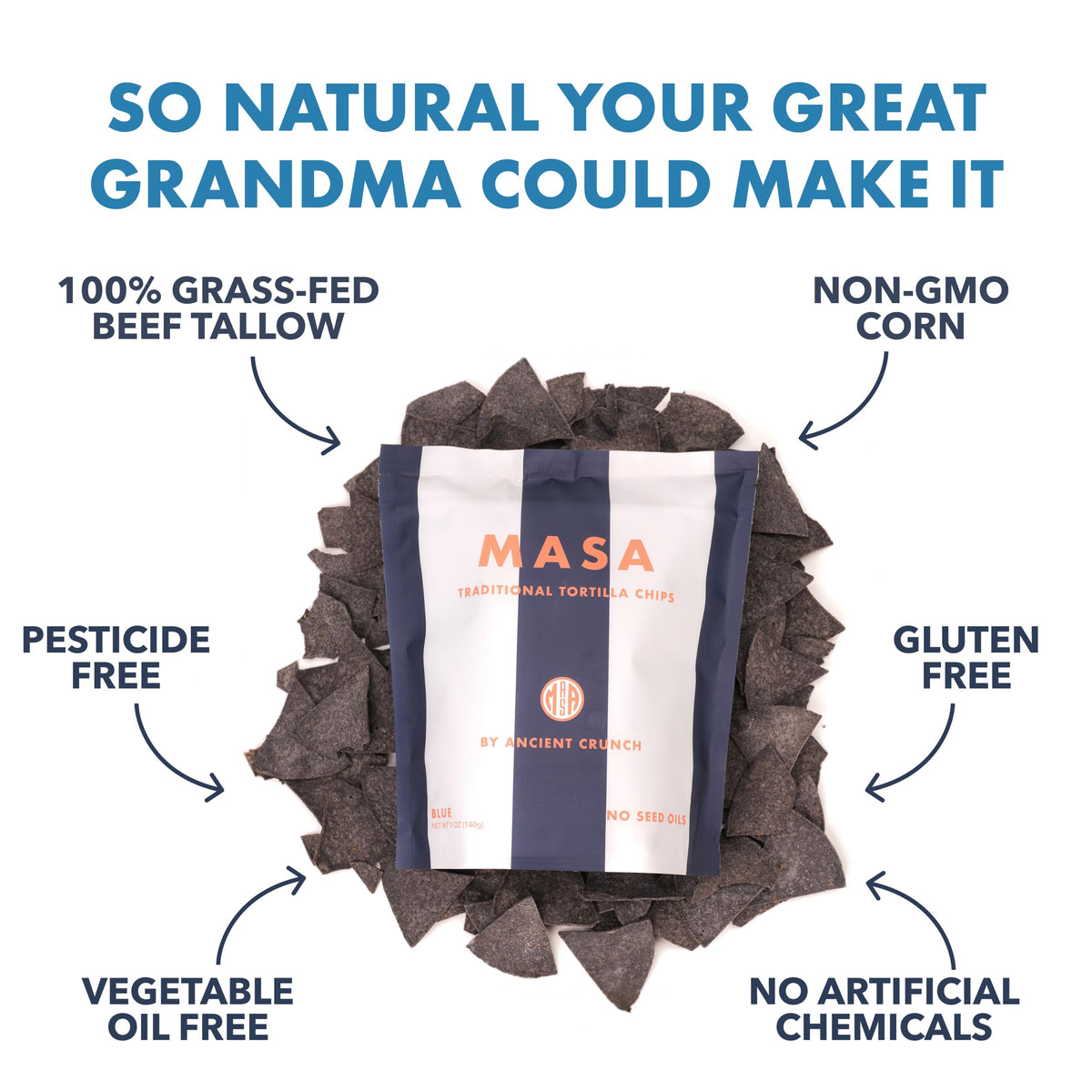 Ancient Crunch MASA Blue Corn Chips with sea salt sprinkles for flavor.