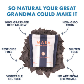 Ancient Crunch MASA Blue Corn Chips with sea salt sprinkles for flavor.